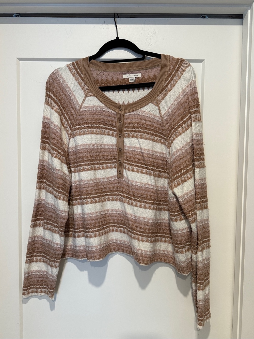 American Eagle Striped Henley Sweater Top in Cream and Tan